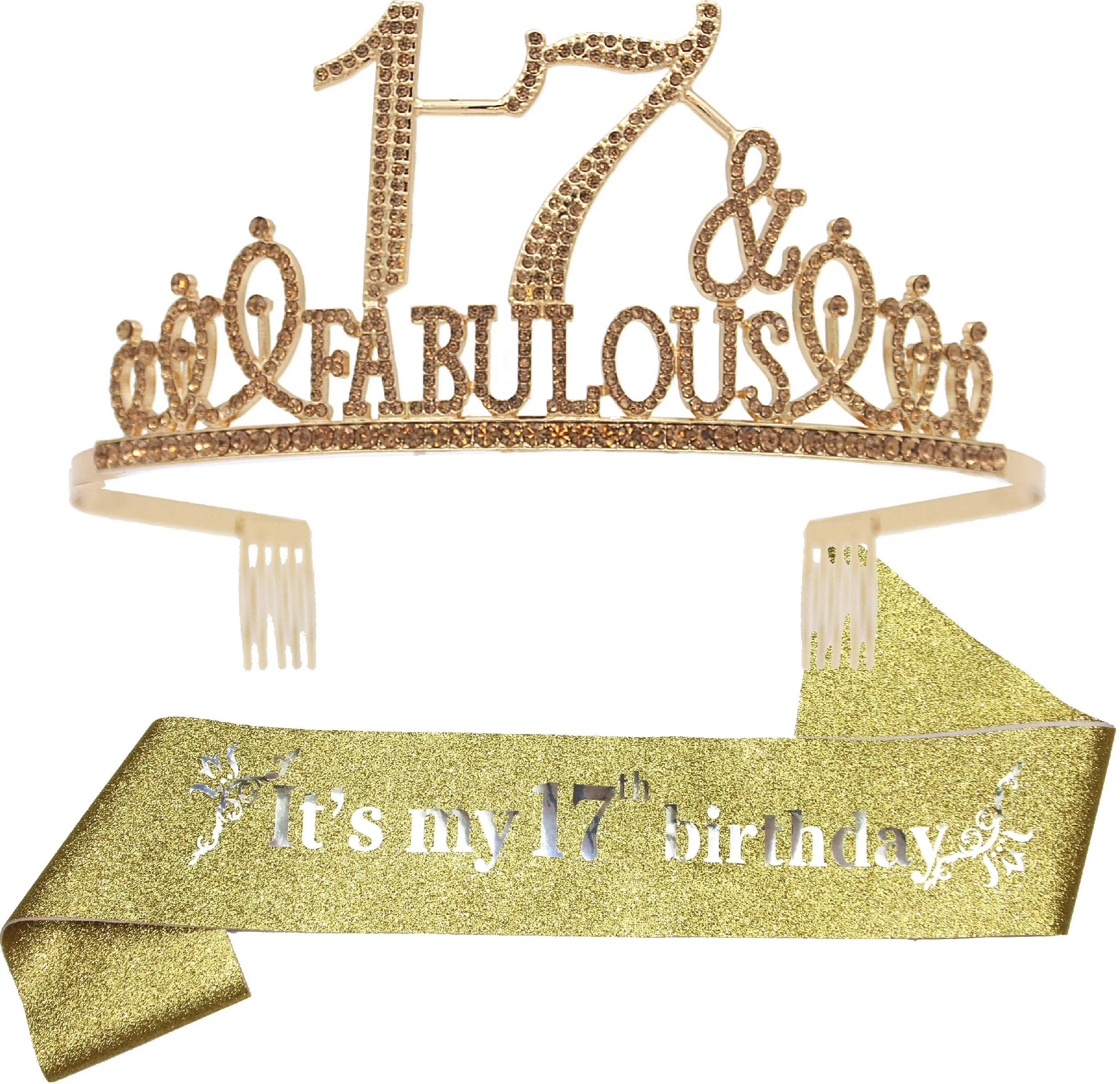 17th Birthday Gifts for Girls,17th Birthday Tiara and Sash Golden,17th Birthday