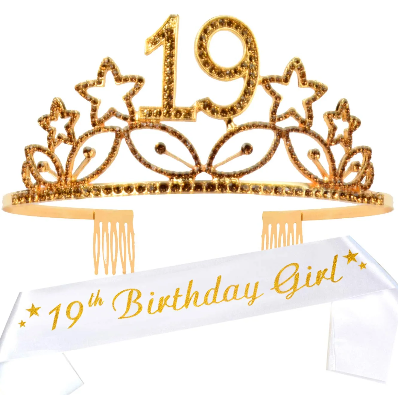 19th Birthday Gifts for Girl, 19th Birthday Tiara and Sash Gold, HAPPY 19th Birthday Party