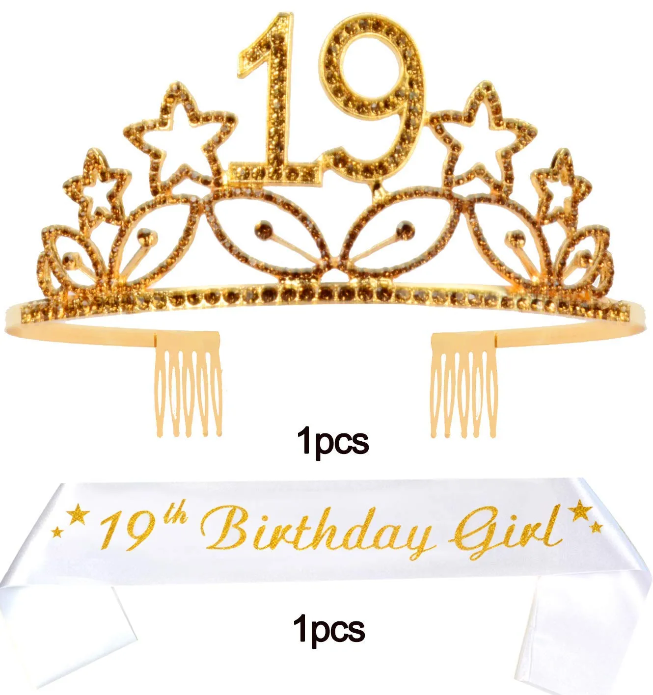 19th Birthday Gifts for Girl, 19th Birthday Tiara and Sash Gold, HAPPY 19th Birthday Party