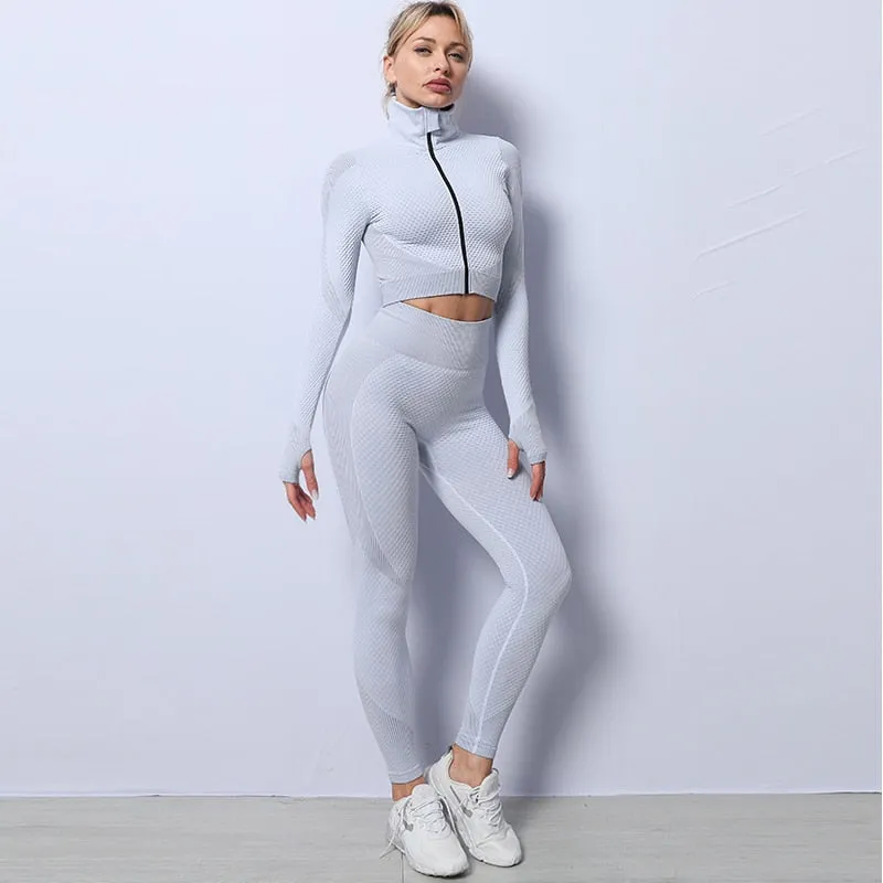 2/3 Piece Seamless Women Yoga Set Workout Sportswear Gym Clothing Fitness Long Sleeve Crop Top High Waist Leggings Sports Suits