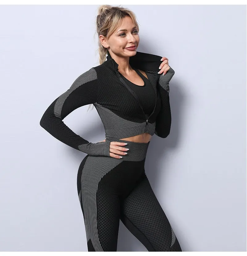 2/3 Piece Seamless Women Yoga Set Workout Sportswear Gym Clothing Fitness Long Sleeve Crop Top High Waist Leggings Sports Suits