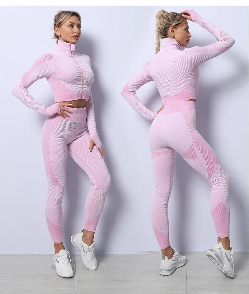 2/3 Piece Seamless Women Yoga Set Workout Sportswear Gym Clothing Fitness Long Sleeve Crop Top High Waist Leggings Sports Suits