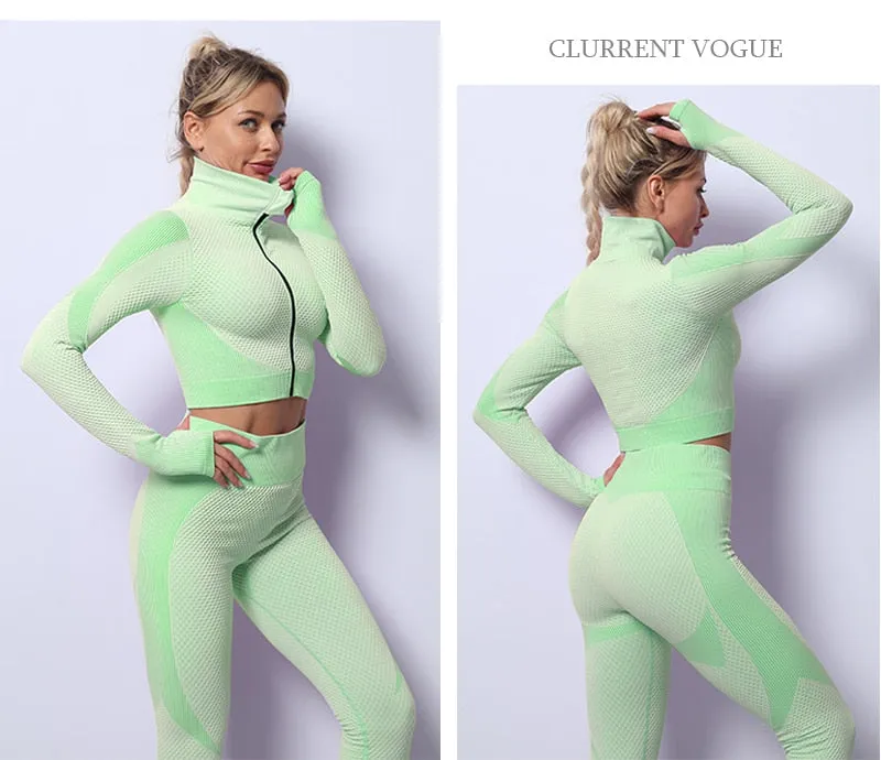 2/3 Piece Seamless Women Yoga Set Workout Sportswear Gym Clothing Fitness Long Sleeve Crop Top High Waist Leggings Sports Suits