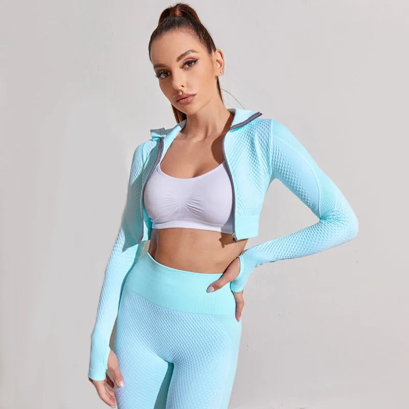 2/3 Piece Seamless Women Yoga Set Workout Sportswear Gym Clothing Fitness Long Sleeve Crop Top High Waist Leggings Sports Suits