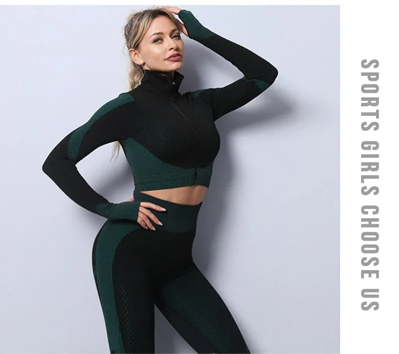 2/3 Piece Seamless Women Yoga Set Workout Sportswear Gym Clothing Fitness Long Sleeve Crop Top High Waist Leggings Sports Suits