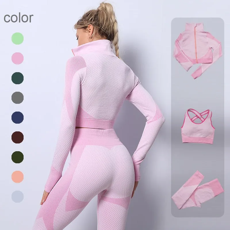 2/3 Piece Seamless Women Yoga Set Workout Sportswear Gym Clothing Fitness Long Sleeve Crop Top High Waist Leggings Sports Suits