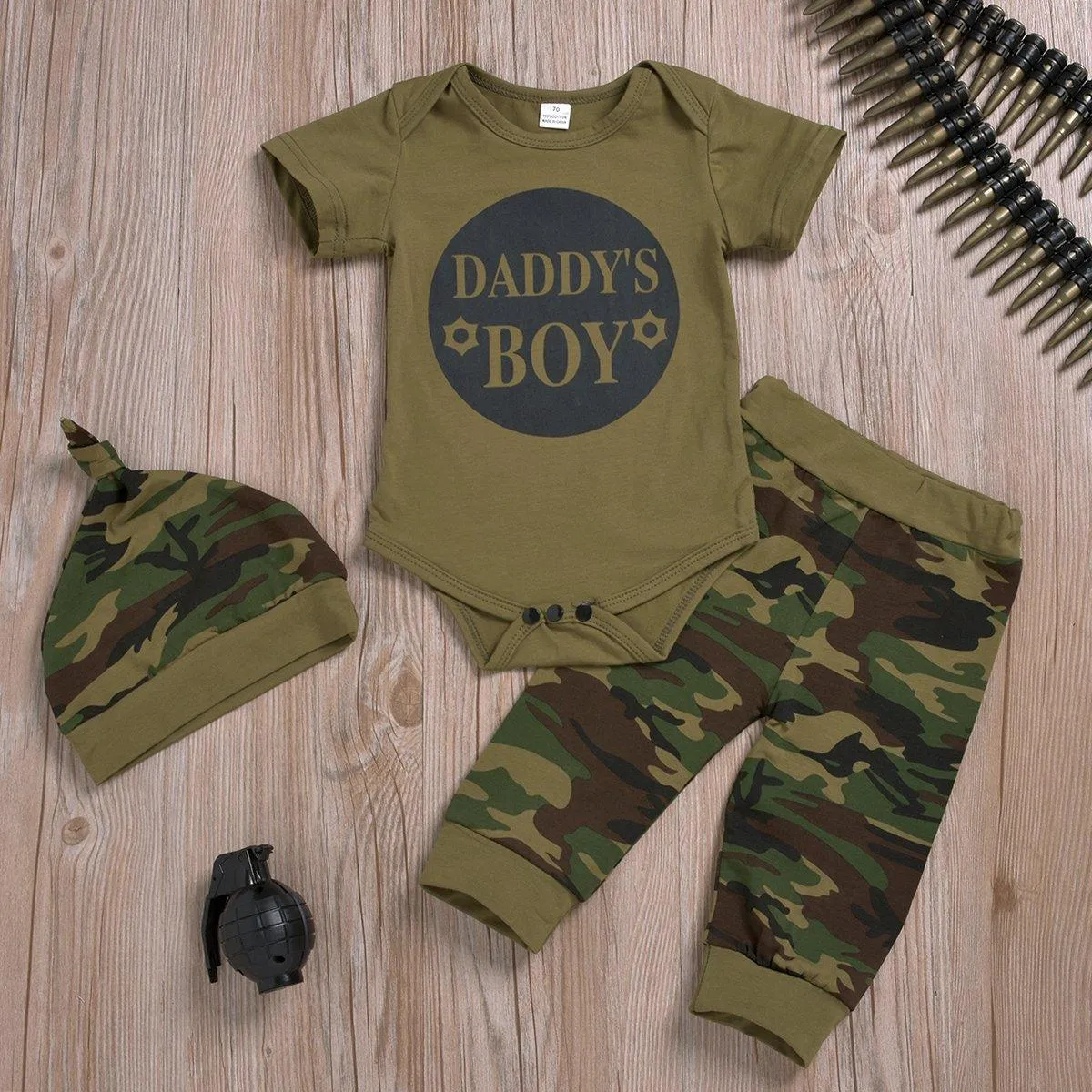 3-Piece Short-Sleeve Letter Print Bodysuit, Camouflage Pants and Hat for Baby Clothing Wholesale