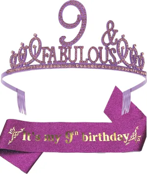 9th Birthday Gifts for Girls,9th Birthday Tiara and Sash Purple,9th Birthday Decorations