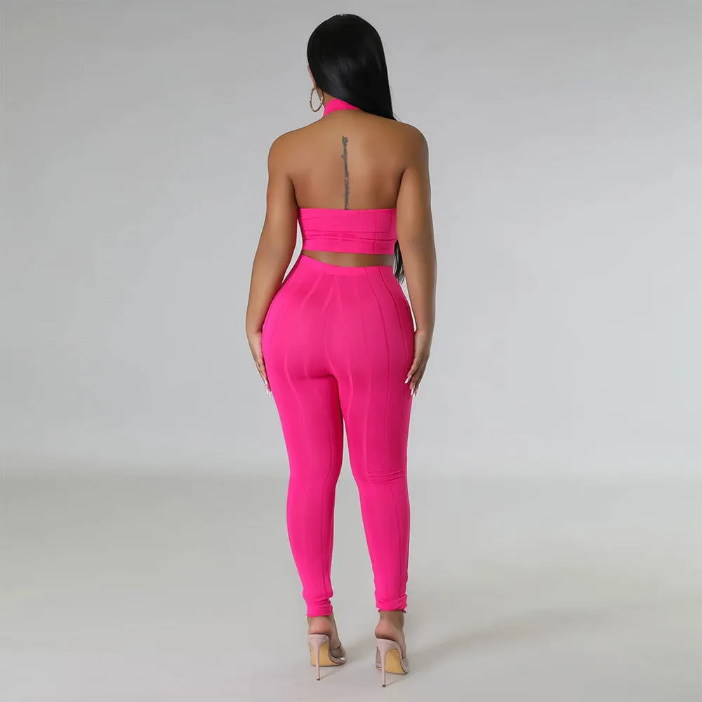 Backless Sleeveless Form-fitting Crop Top & High-Rise Pants