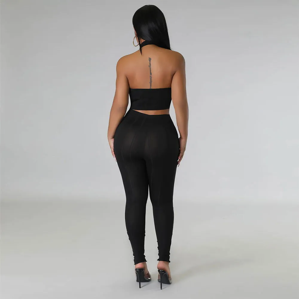 Backless Sleeveless Form-fitting Crop Top & High-Rise Pants