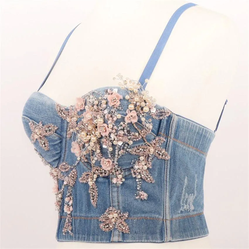 Beaded Flower Bralette with Rhinestones