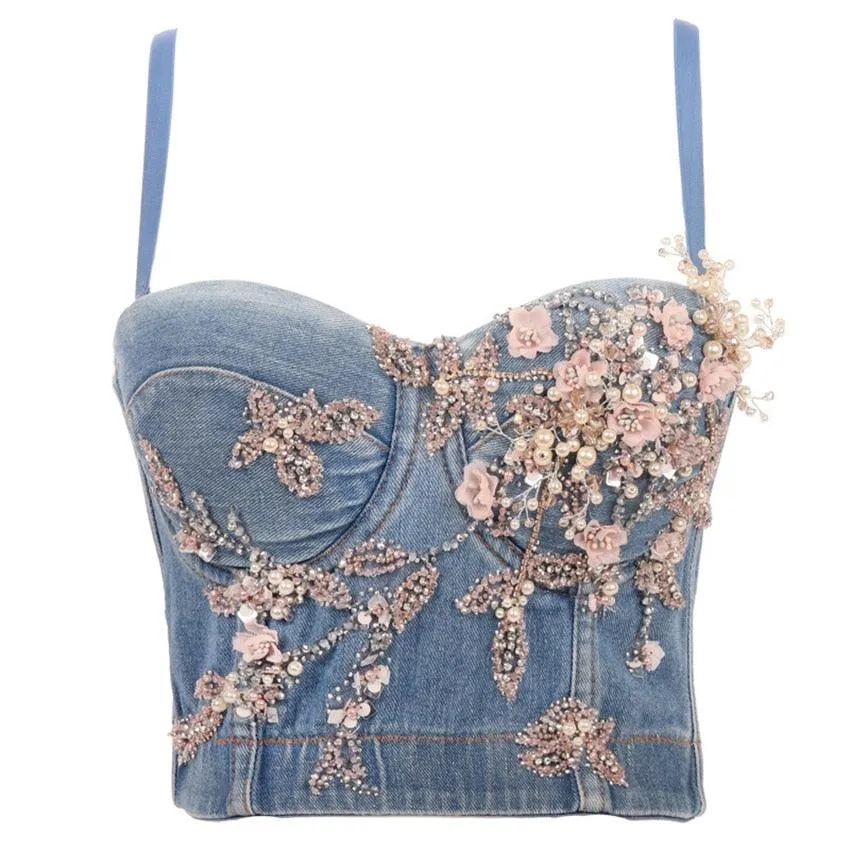 Beaded Flower Bralette with Rhinestones