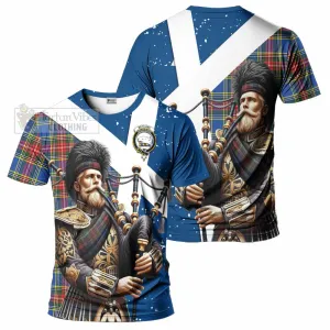 Bethune Tartan T-Shirt with Family Crest Scottish Bagpiper Vibes