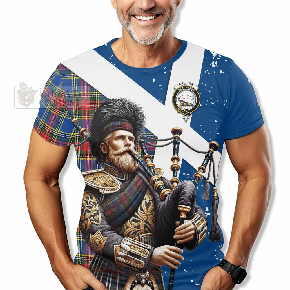 Bethune Tartan T-Shirt with Family Crest Scottish Bagpiper Vibes