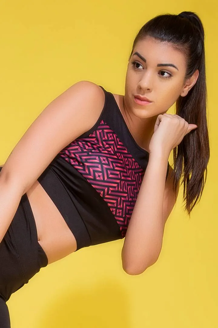 Black Geometric Print Sports Crop Top