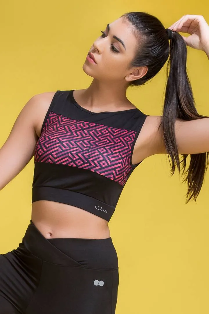 Black Geometric Print Sports Crop Top