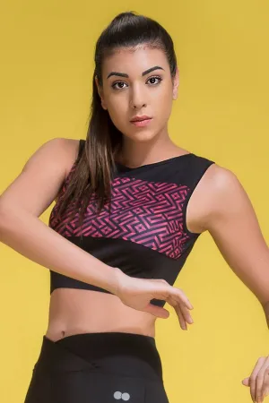 Black Geometric Print Sports Crop Top