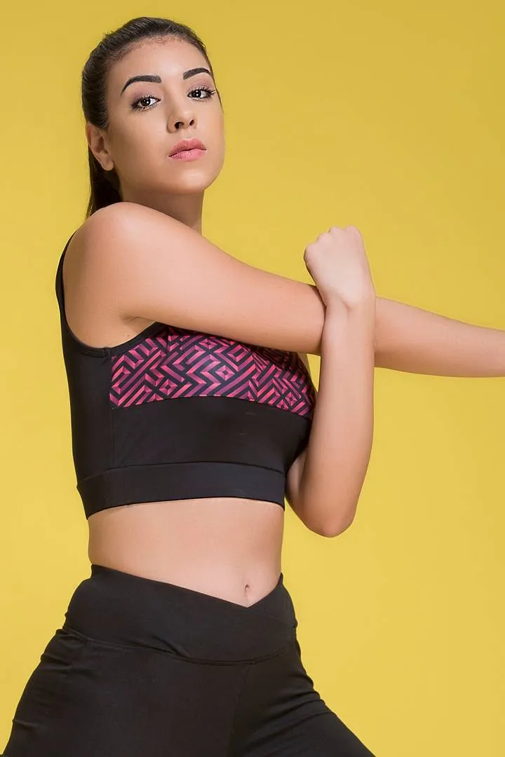 Black Geometric Print Sports Crop Top