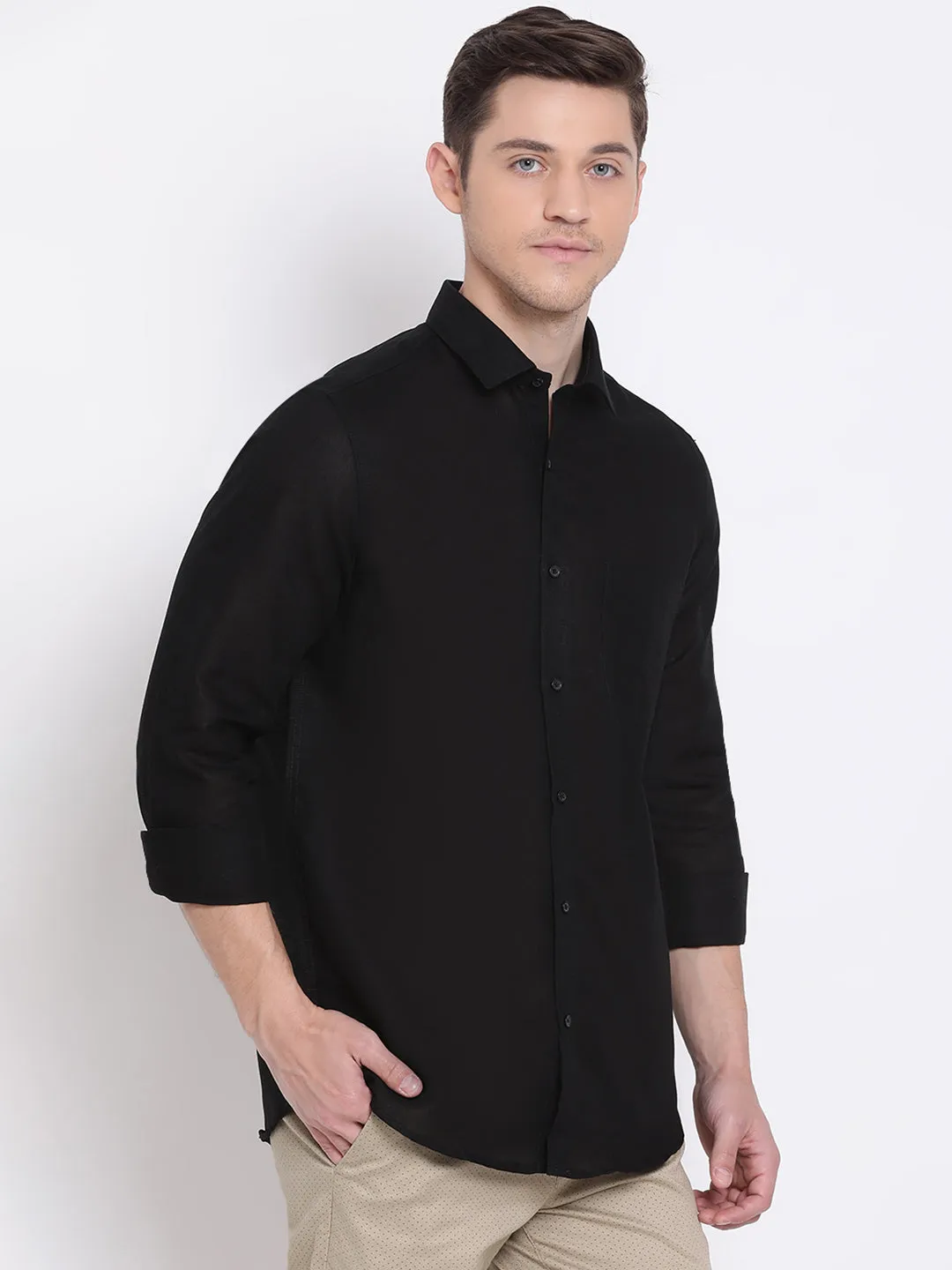 Black Linen Solid Slim Fit Shirts