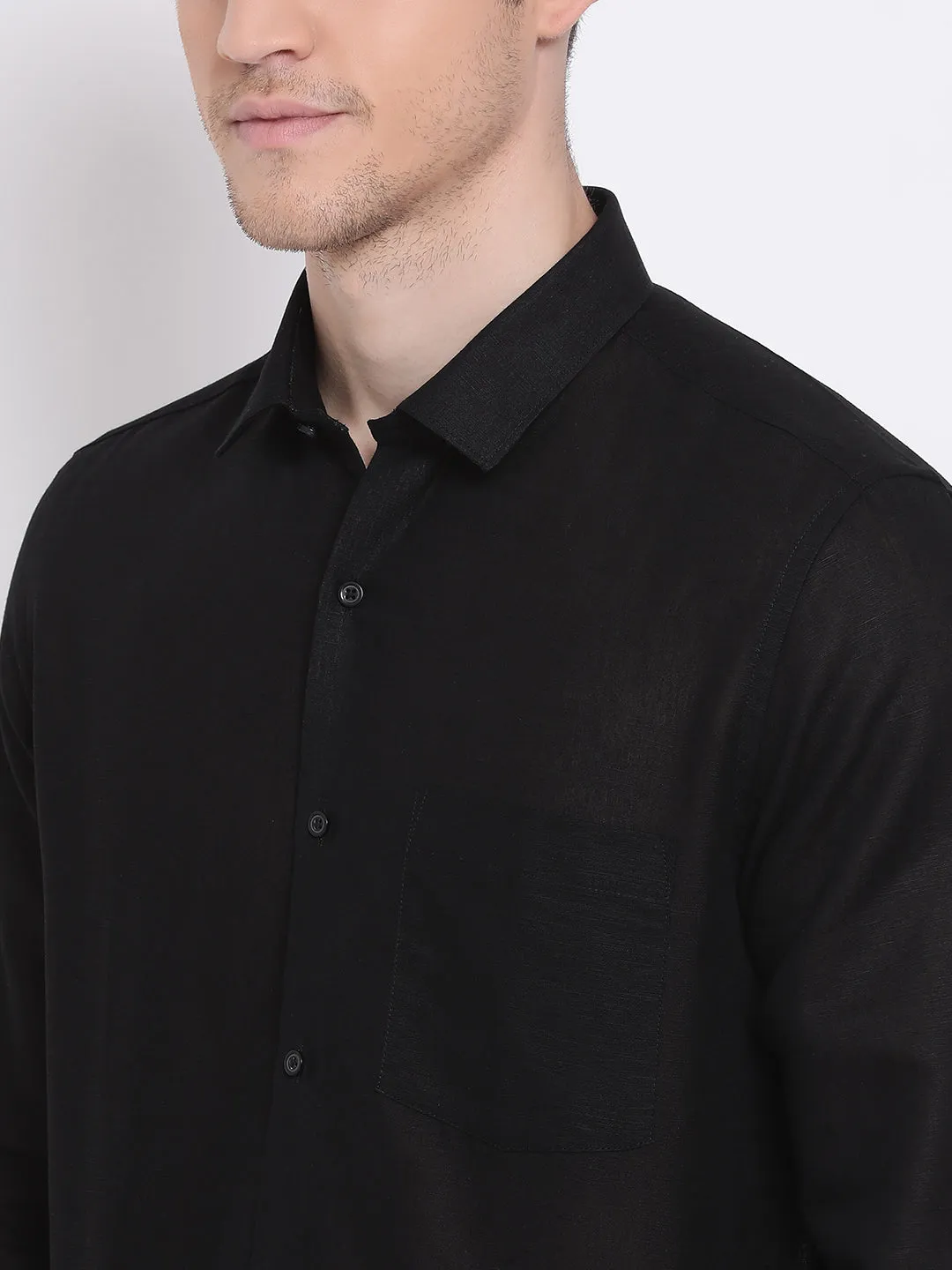 Black Linen Solid Slim Fit Shirts