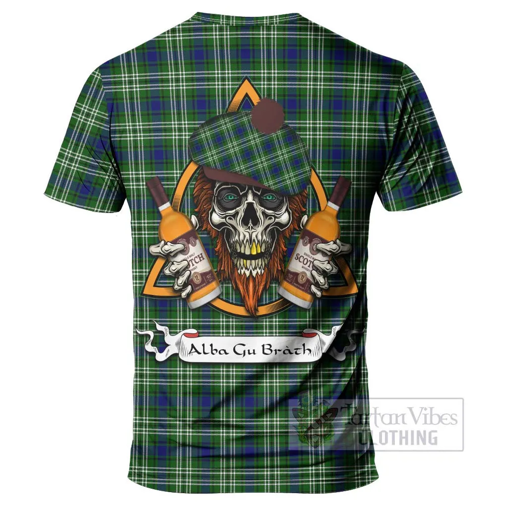 Blackadder Tartan T-Shirt with Family Crest and Bearded Skull Holding Bottles of Whiskey