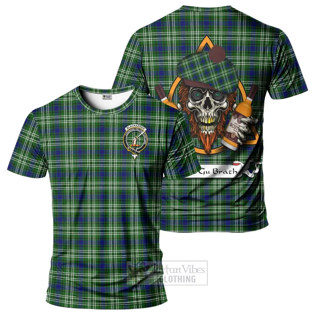 Blackadder Tartan T-Shirt with Family Crest and Bearded Skull Holding Bottles of Whiskey