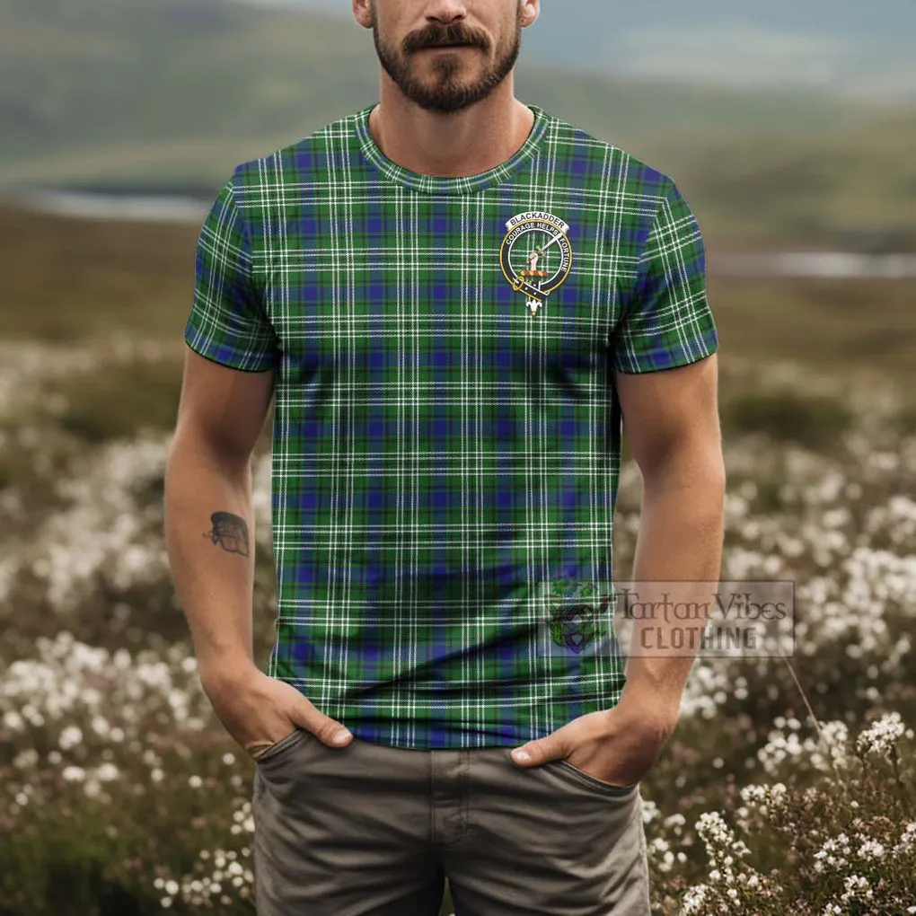 Blackadder Tartan T-Shirt with Family Crest and Bearded Skull Holding Bottles of Whiskey