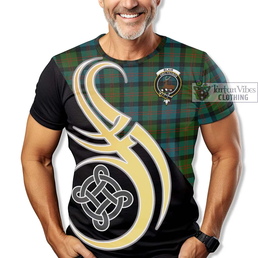 Blair Ancient Tartan T-Shirt with Family Crest and Celtic Symbol Style