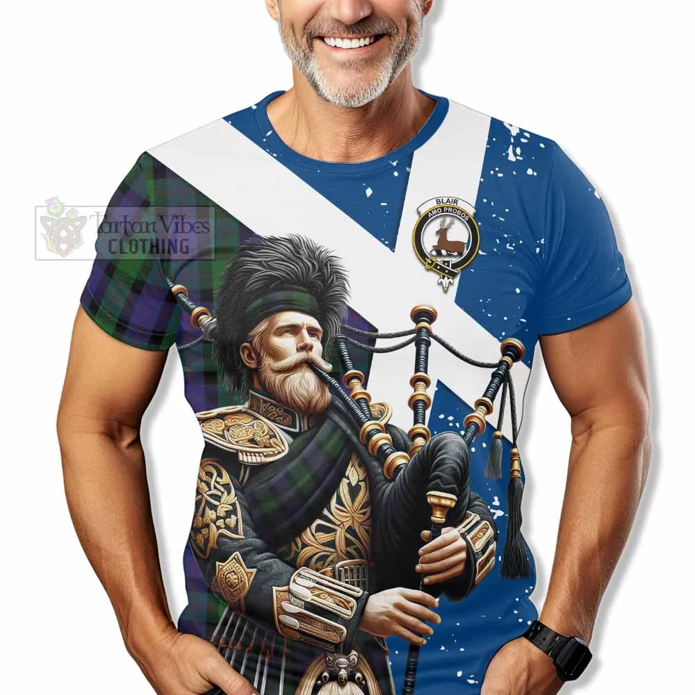 Blair Tartan T-Shirt with Family Crest Scottish Bagpiper Vibes