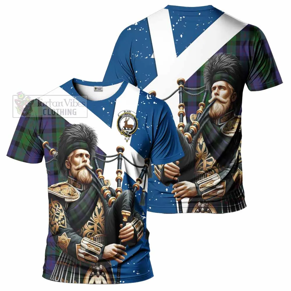 Blair Tartan T-Shirt with Family Crest Scottish Bagpiper Vibes