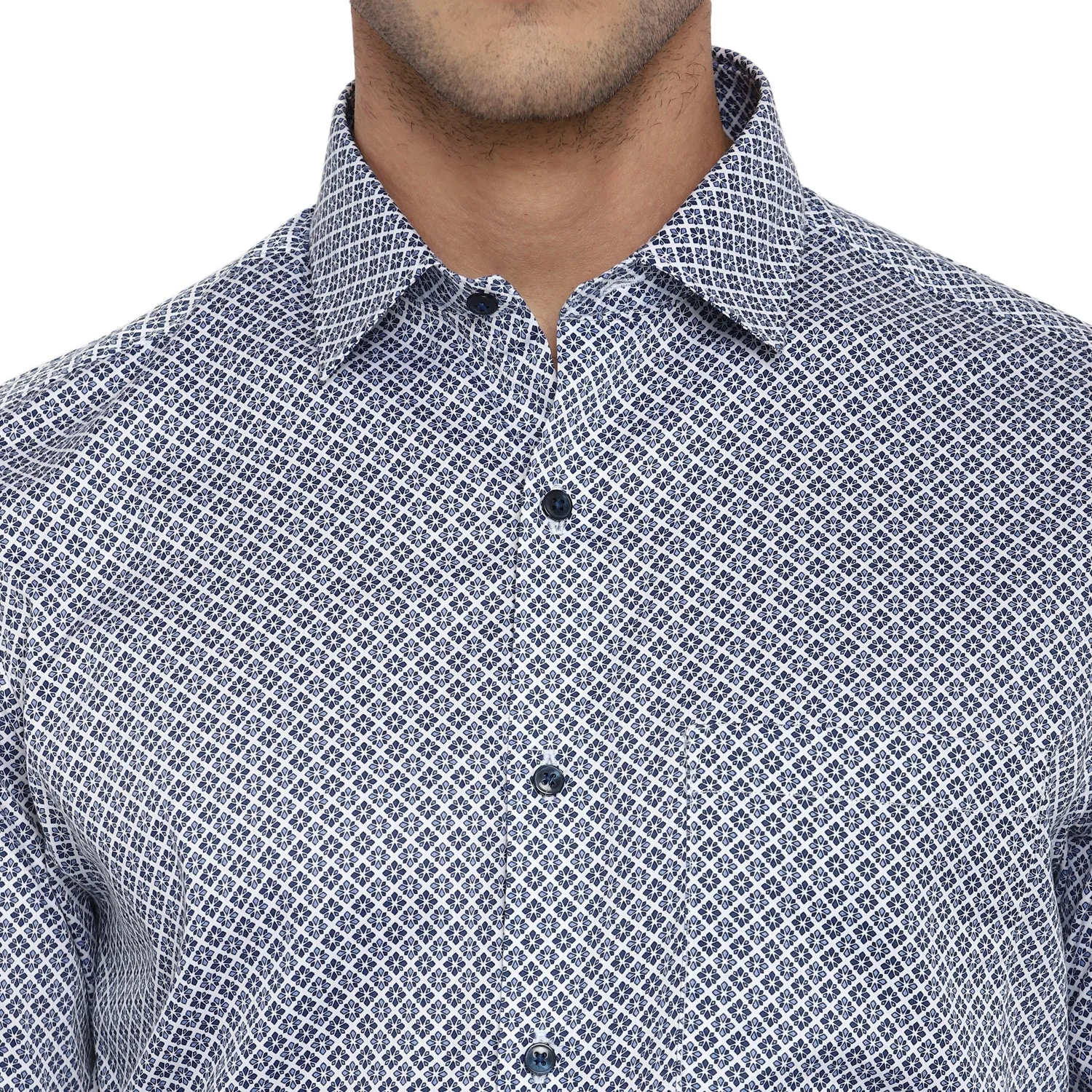 Blue Cotton Printed Slim Fit Shirts