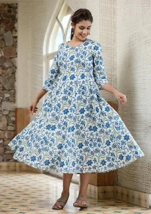 Blue Green Floral Printed Cotton Ethnic Dress