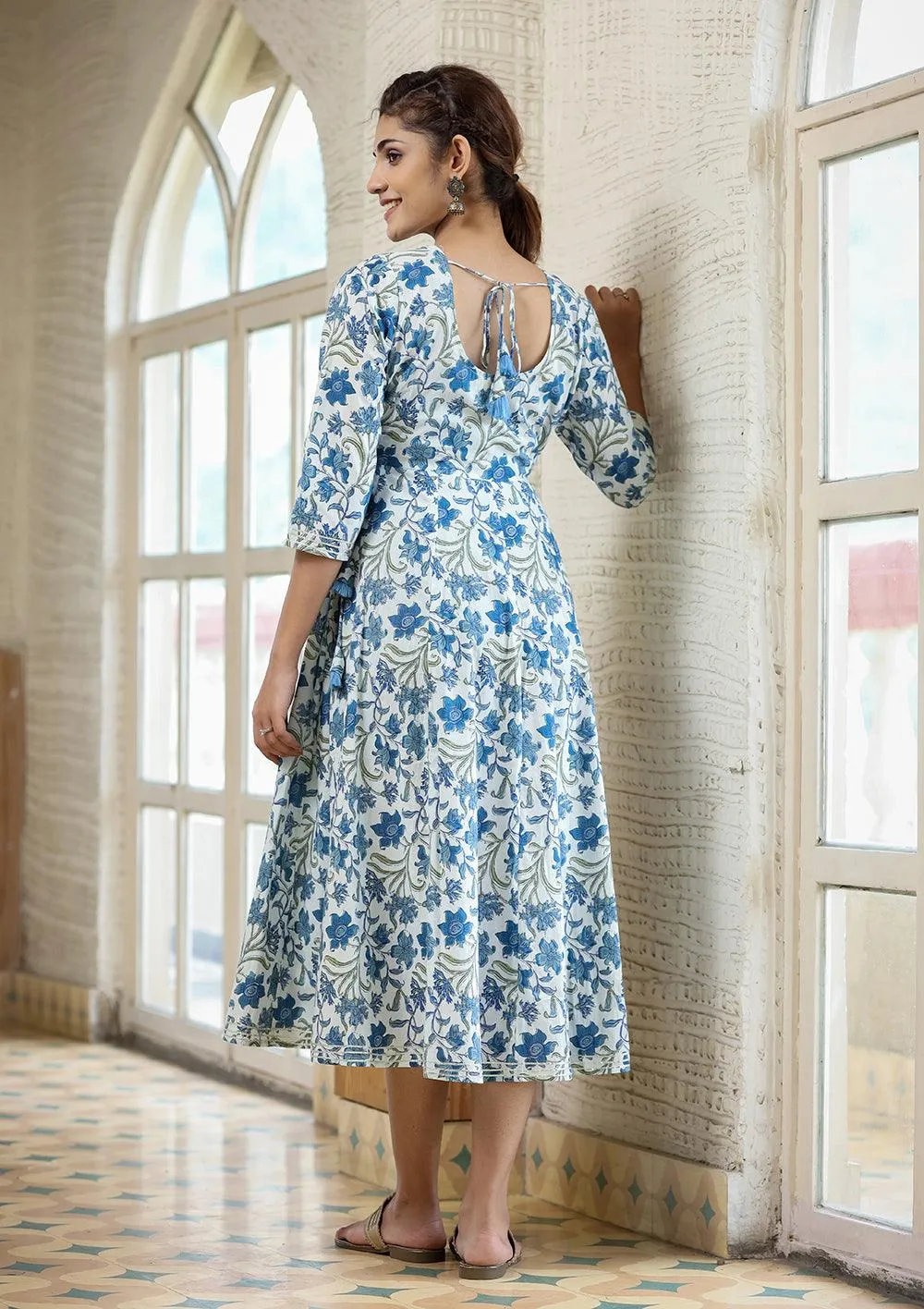 Blue Green Floral Printed Cotton Ethnic Dress