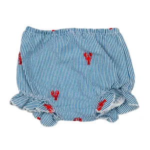 Blue Seersucker Baby Bloomers with Red Embroidered Lobsters