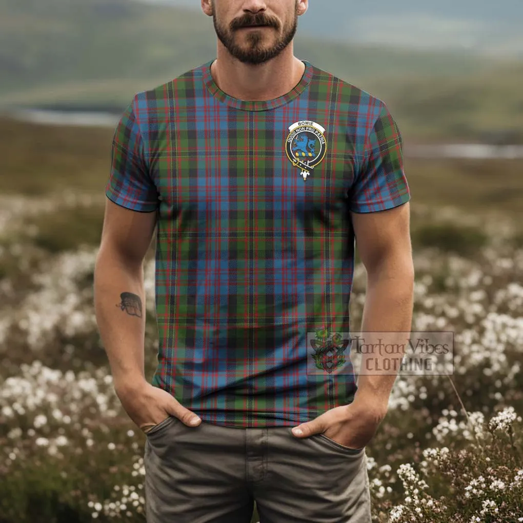 Bowie Tartan T-Shirt with Family Crest and Bearded Skull Holding Bottles of Whiskey