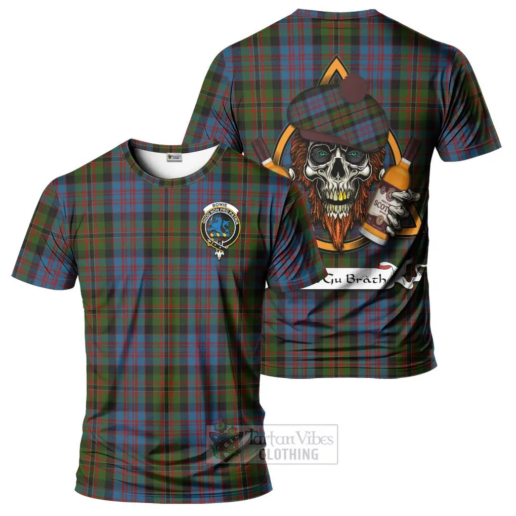 Bowie Tartan T-Shirt with Family Crest and Bearded Skull Holding Bottles of Whiskey