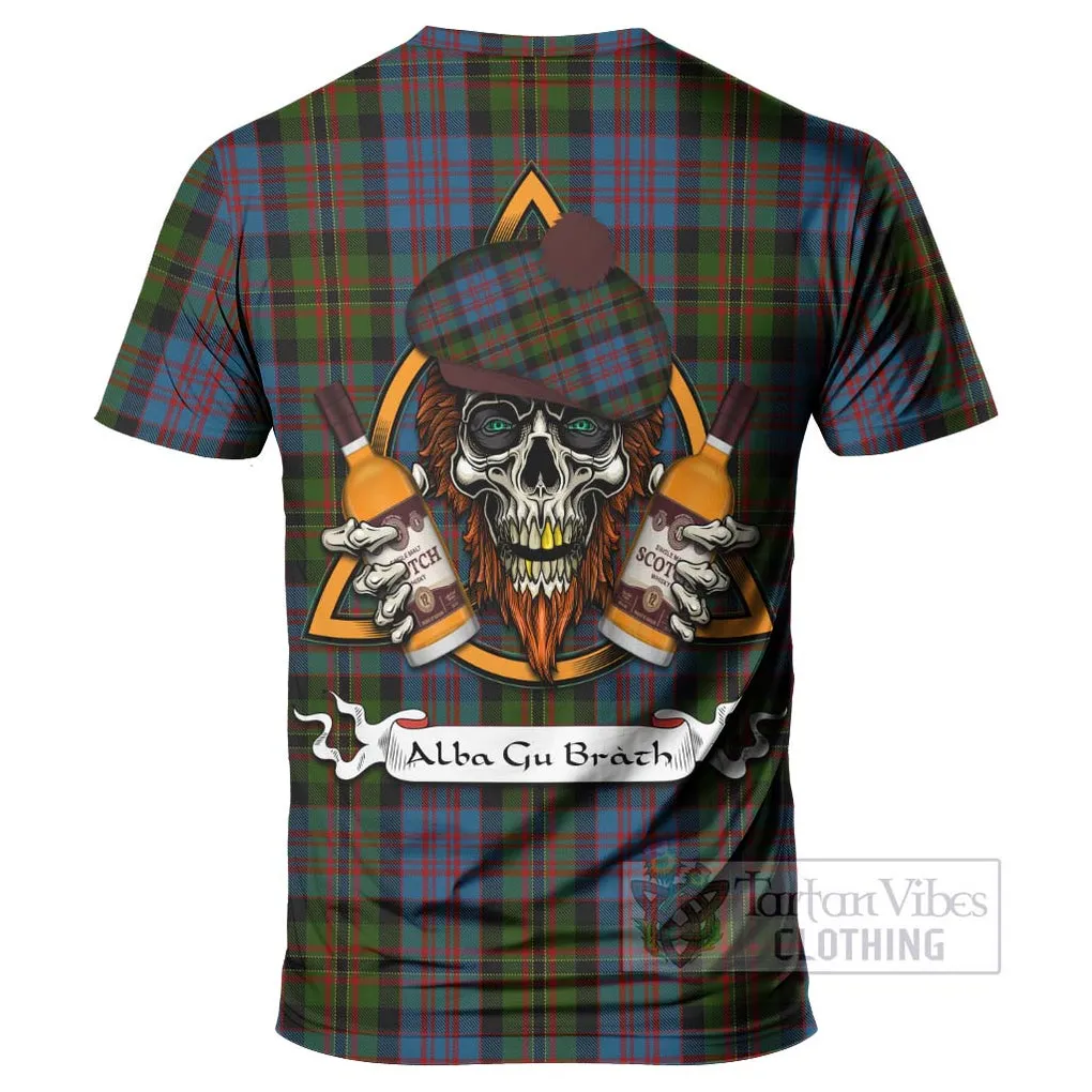 Bowie Tartan T-Shirt with Family Crest and Bearded Skull Holding Bottles of Whiskey