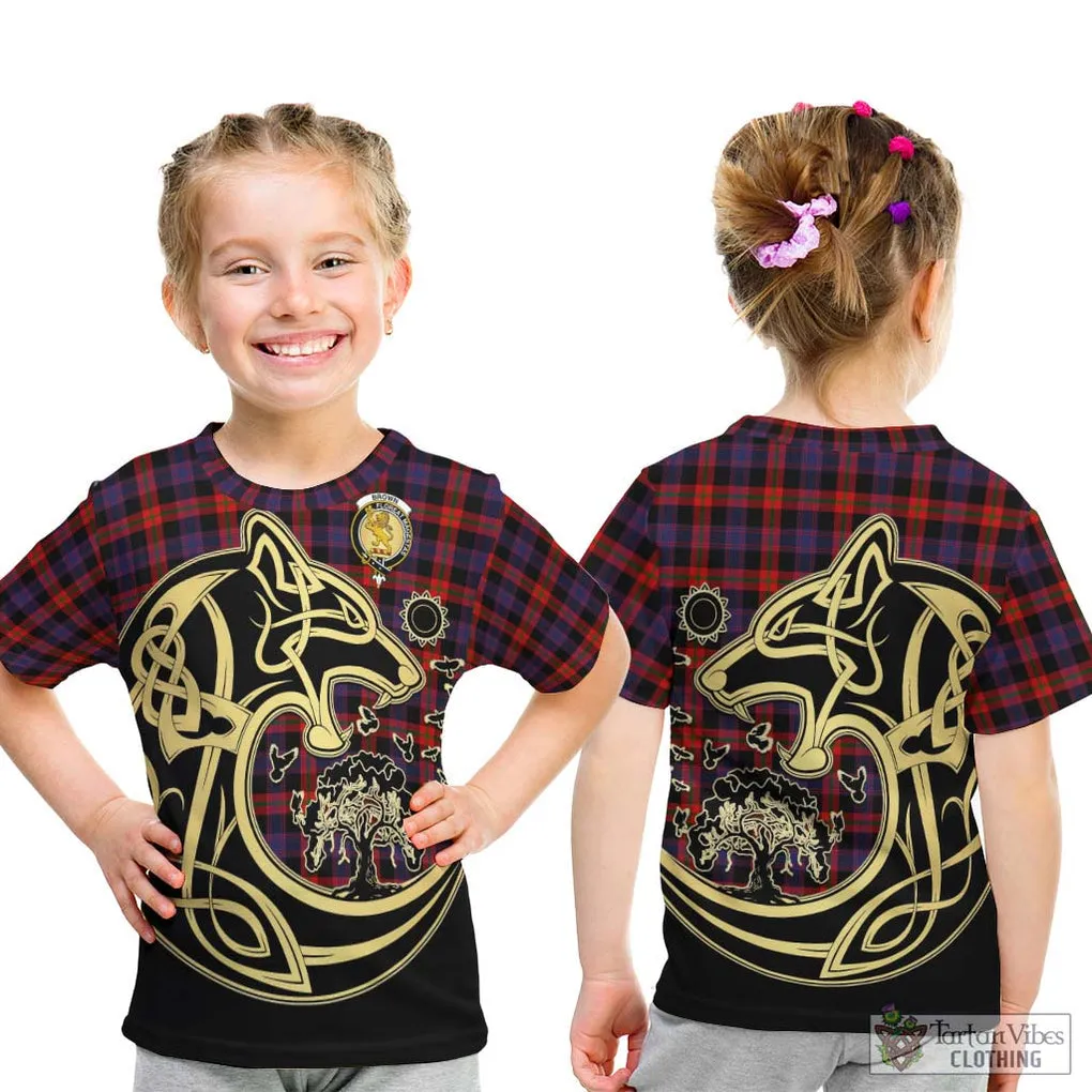 Brown (Broun) Tartan Kid T-Shirt with Family Crest Celtic Wolf Style