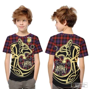 Brown (Broun) Tartan Kid T-Shirt with Family Crest Celtic Wolf Style