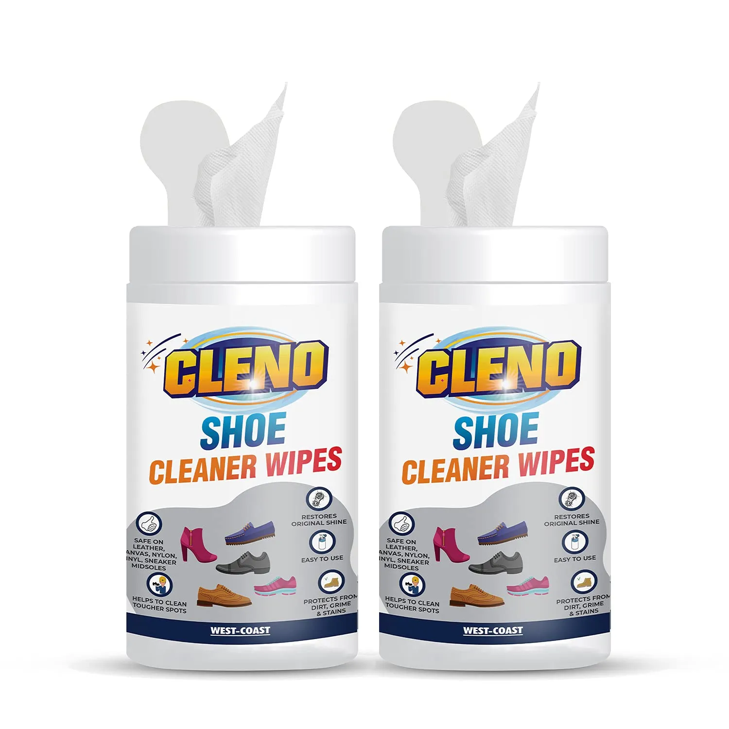 Cleno Shoe Cleaner Wet Wipes for Loafers, Sandals, Slippers, Traditional Footwear, Athletic, Sneakers, White & Golf-Tennis Shoes, Scrub Off Dirt, Mud, Grass Stains - 50 Wipes (Pack of 2,Ready to Use)