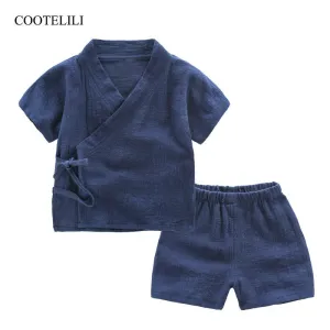 COOTELILI Cotton Linen Summer Children Clothing Sets Toddler Kids Boys Clothes Sets Breathable Tops   Shorts For Boys 90-130cm