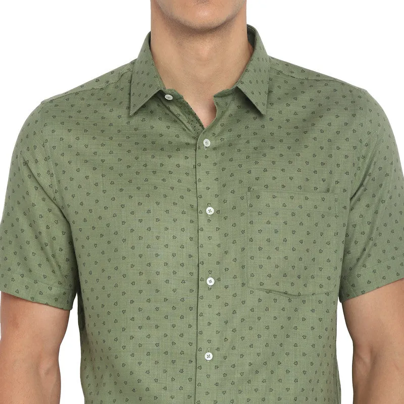 Cotton Blend Olive Regular Fit Printed Shirts