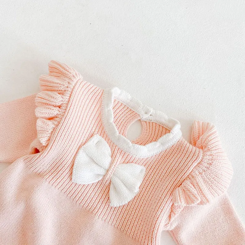 Cute Winter Infant Baby Girls Bowknot Rompers Clothing Kids Girl Long Sleeve Knit Rompers Clothes