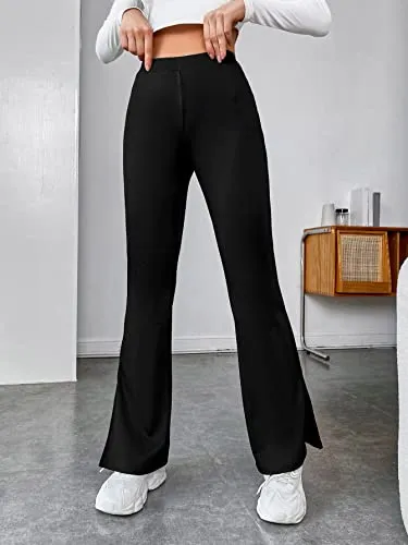 DIGITAL SHOPEE Women's & Girls' Solid Side Split Hem Flare Leg Bell Bottom Pants Trouser (Black, Medium)