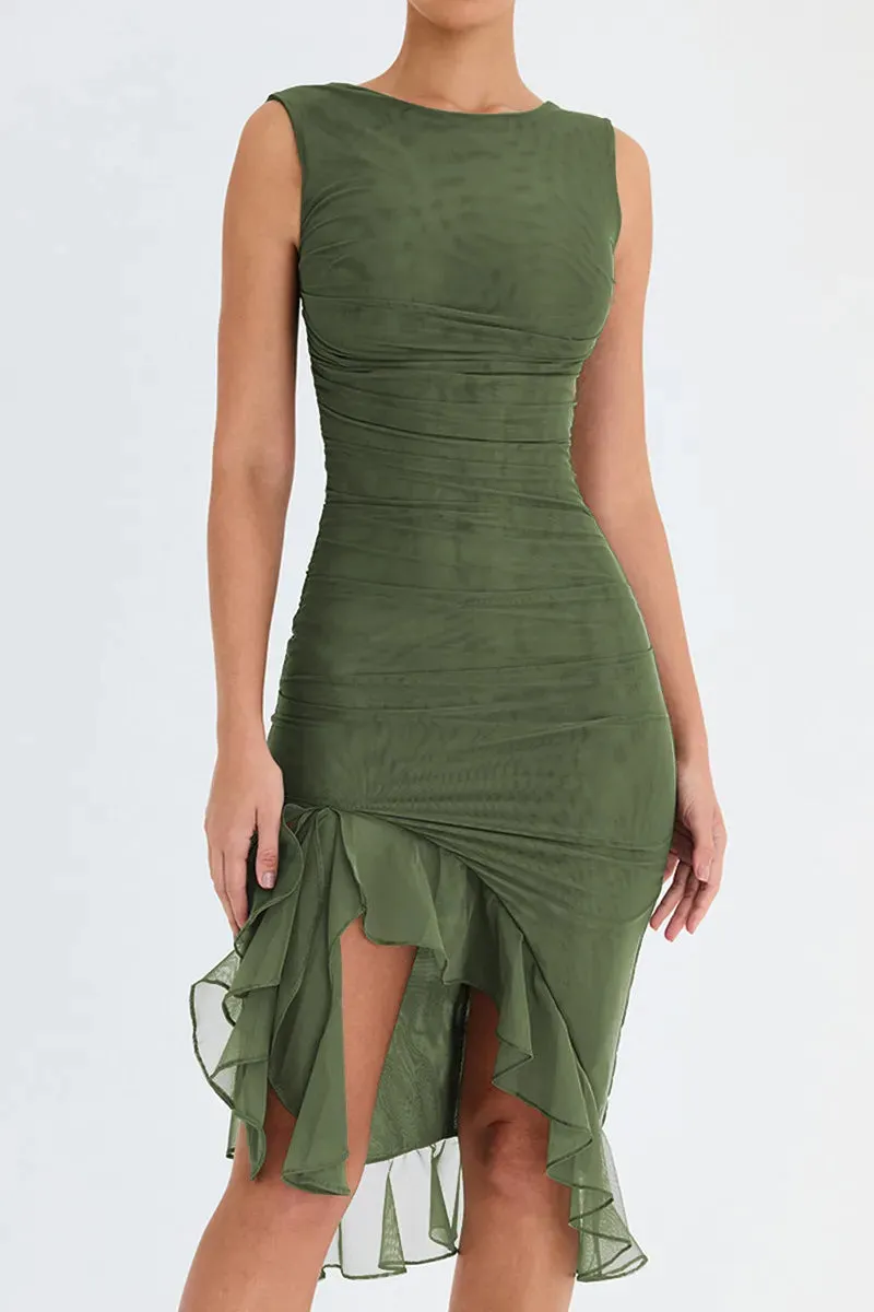 Elegant Ruffle Ruched Midi Dress For Women Sexy Dress