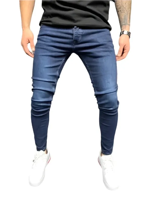 Fashion Style Ripped Skinny Jeans Men Solid Denim Casual Slim Fit Pants