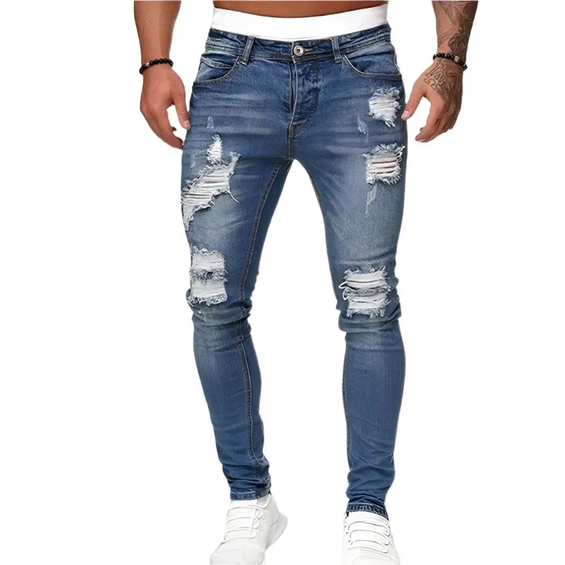 Fashion Style Ripped Skinny Jeans Men Solid Denim Casual Slim Fit Pants