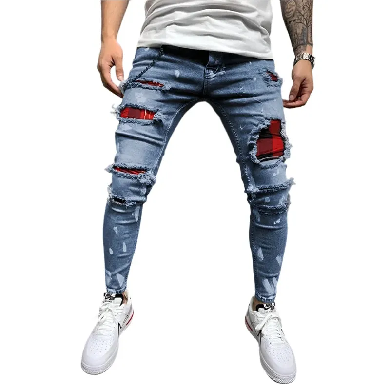 Fashion Style Ripped Skinny Jeans Men Solid Denim Casual Slim Fit Pants