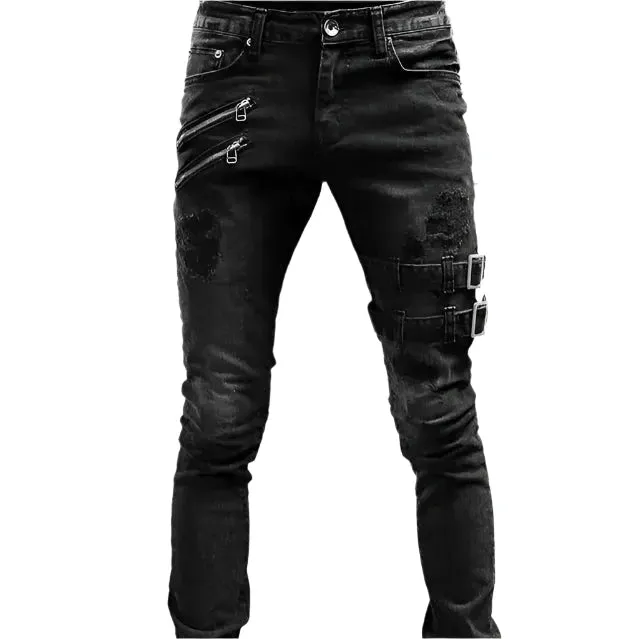 Fashion Style Ripped Skinny Jeans Men Solid Denim Casual Slim Fit Pants