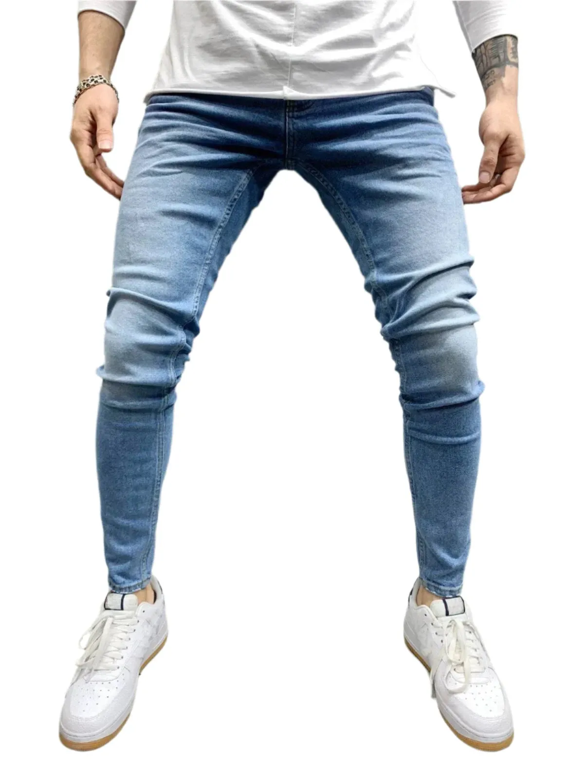 Fashion Style Ripped Skinny Jeans Men Solid Denim Casual Slim Fit Pants